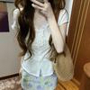 Korean-style Sweet Ruffled White V-neck Short-sleeve Shirt for Women, New Summer Waist-cinching Shirt, Elegant Slimming Top