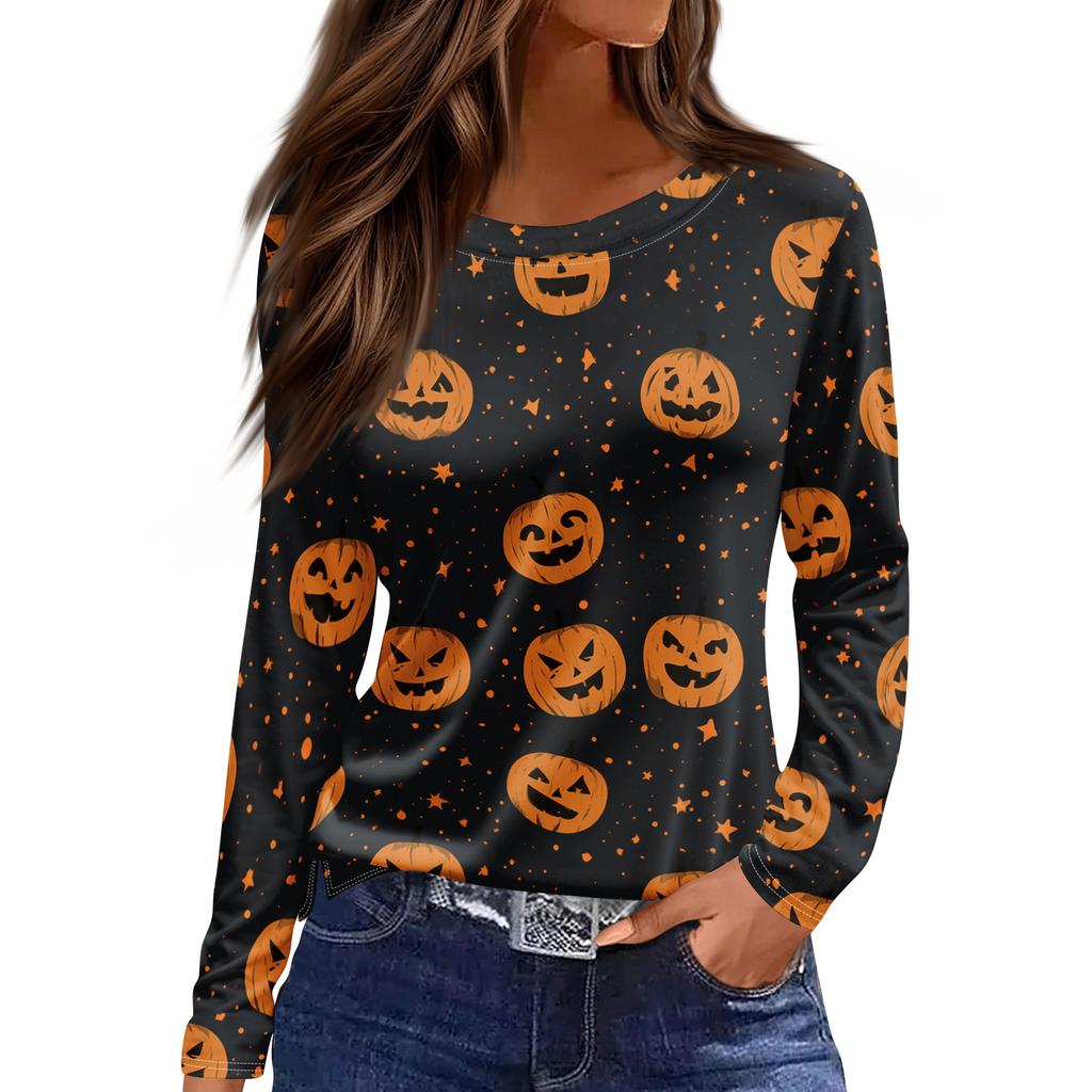 Women's Halloween Print Long Sleeve Round Neck Top with Split Hem