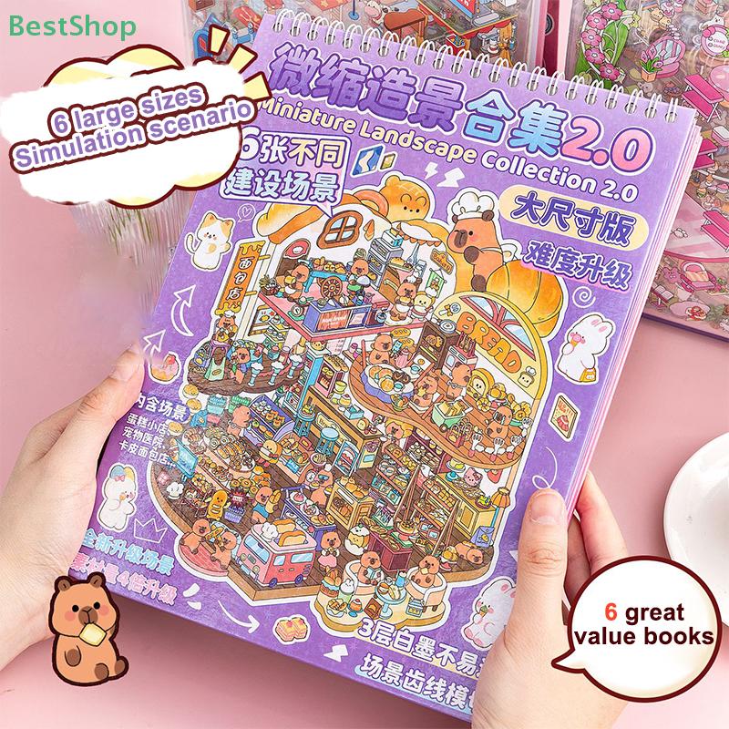 Large Miniature Scene Collection Coil Landscaping Sticker DIY Toy Game Books 3D Sticker Cabin Scene