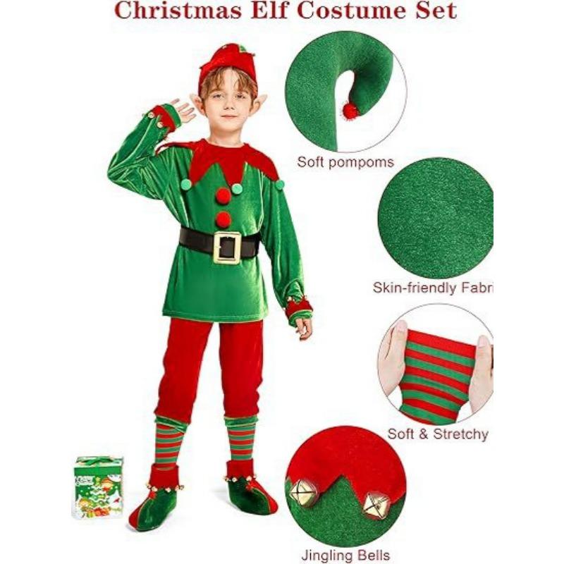 

Детский костюм рождественского эльфа для мальчика, комплект брюк, рождественский набор помощника Санты со шляпой, ушами и поясом 160cm