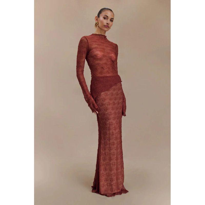

European and American Sexy Lace Long sleeve Base Vacation Cover up Long dress Set Sexy Lace Long Dress Set Red L
