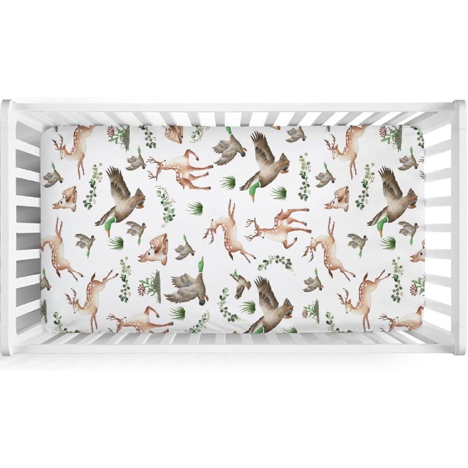 Woodland Wild Animals Hunting Crib Sheets for Girls and Boys 52"x28" Hunting Deer Duck Leaves Crib Mattress Sheet Soft Breathable Nursery Bed Sheet