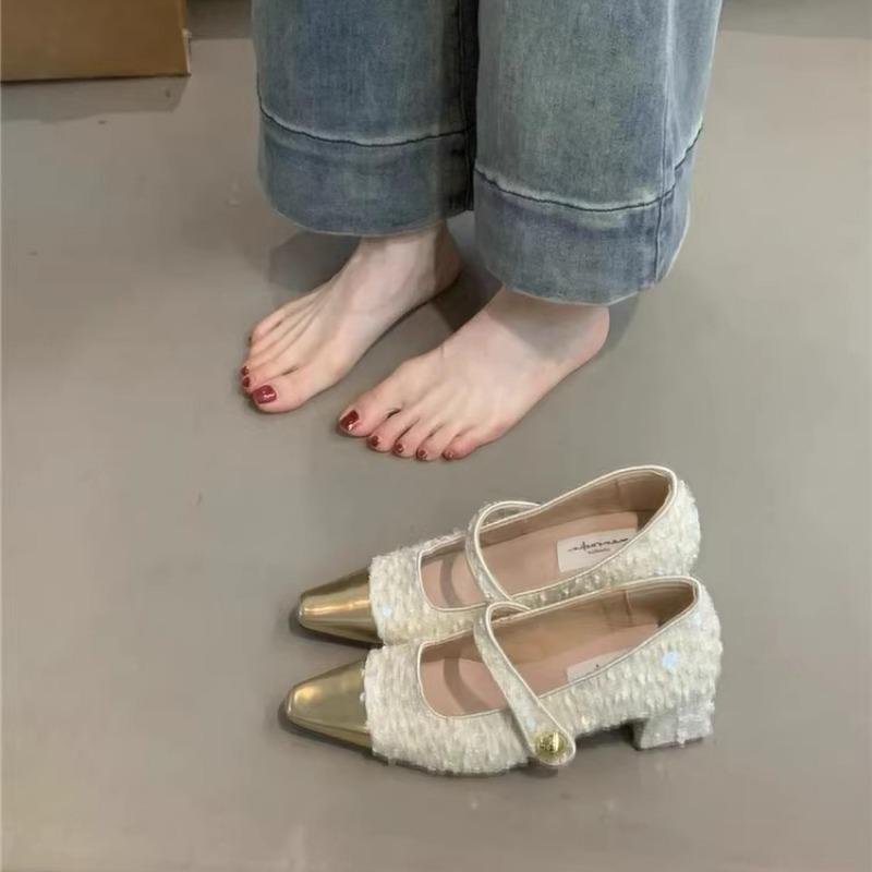 Fashion Fashion Square Toe Sequin Shoes Women 2025 New Summer Shallow Women Sandals Elegance Chunky Heels Banquet Women Shoes Q69