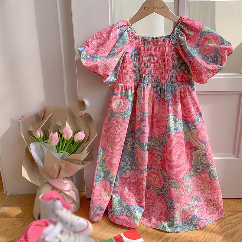 3-8 Years Girls Summer Dress Flowers Pattern Short Sleeves Casual