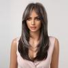 Long Gray Highlights Brown Synthetic Hair Wigs with Bangs Straight Daily Wig