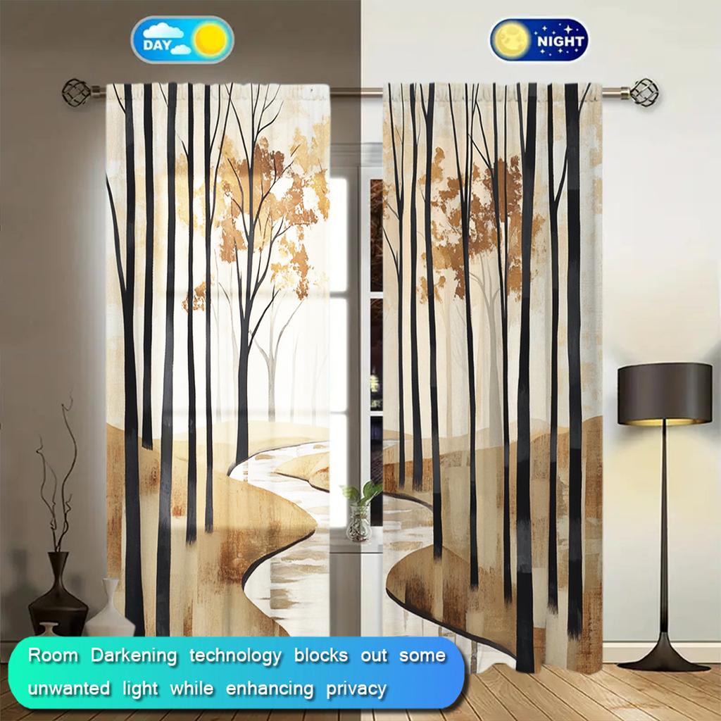 2 ks Záclona v severském stylu s akvarelovým potiskem lesa pro domácí dekoraci - Kapsa na tyč pro okenní dekoraci do ložnice   kanceláře   kuchyně