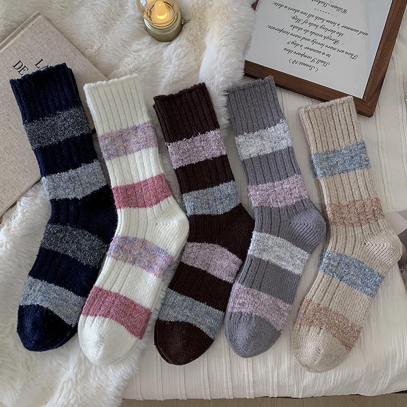 Contrasting Wool Socks Children'S Stacking Socks Seasonal Fleece Thickened Warm Color Matching Flocking Striped Cashmere Medium Tube Socks