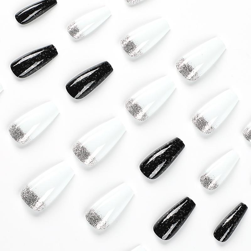 24Pcs/Set Quick Nails Long Black And White Glitter Powder Adesivo False Nials Wearable Waterproof Manicure Acabamento Unhas