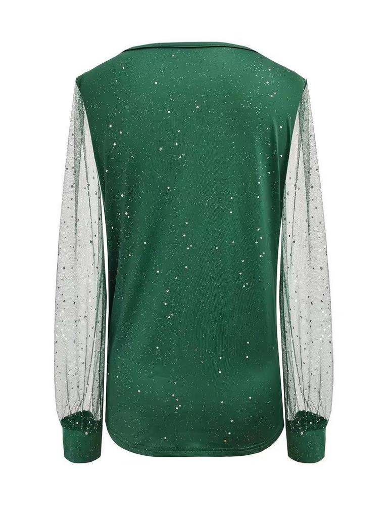 European Style V-Neck Long Sleeve Mesh T-Shirt