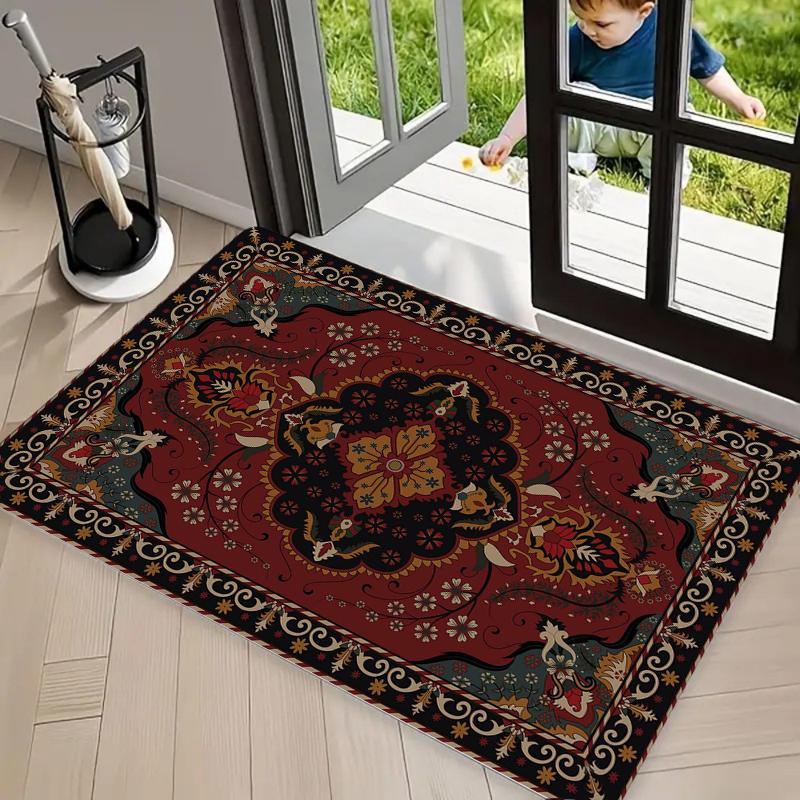 Tappetino d'ingresso tradizionale con medaglione orientale, Tappetino da pavimento con bordo floreale rosso per ingresso, bagno, Tappeto decorativo per la casa persiano vintage