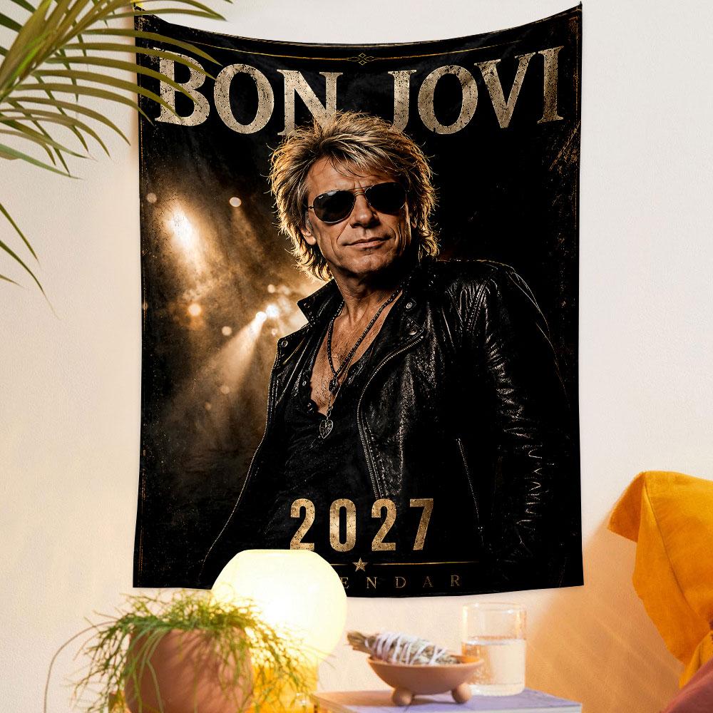 Bold text, spotlighted figure, leather jacket, and a 2027 calendar motif. Patterned tapestry for bedroom and living room home decor
