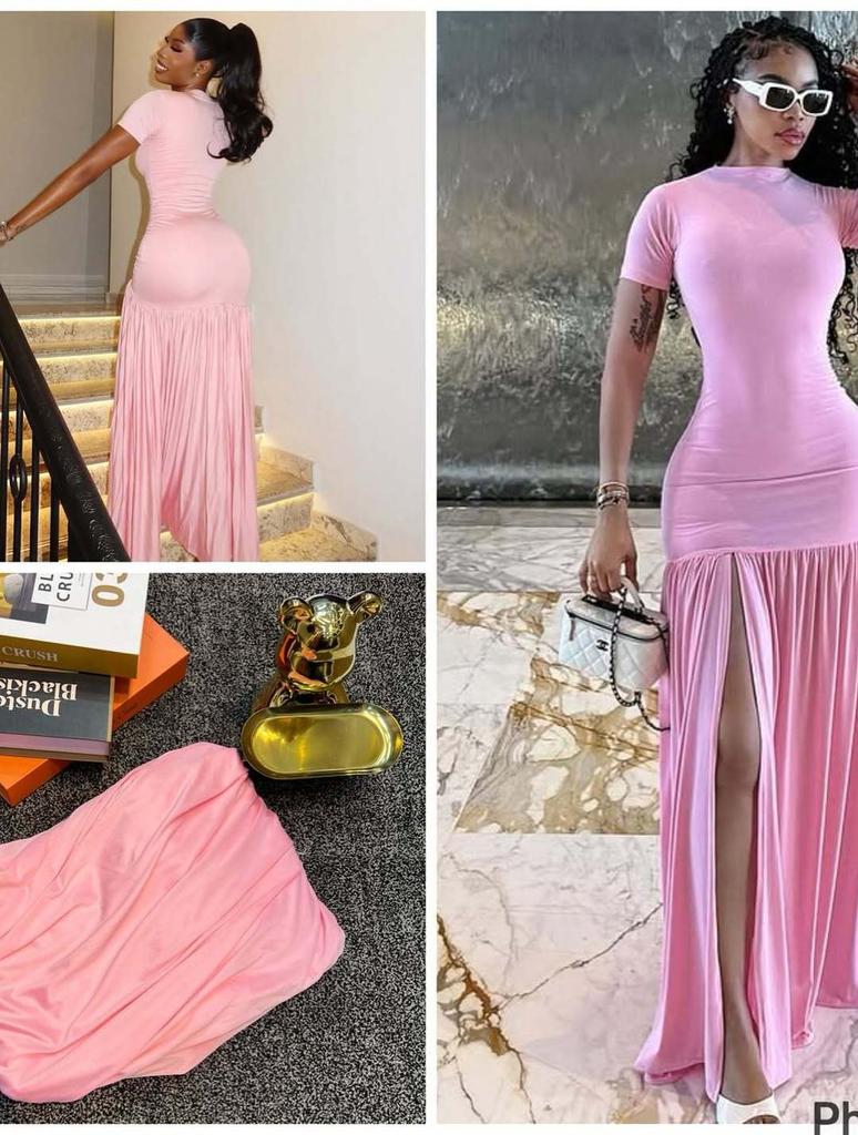 2025 New European and American Style Ins Foreign Trade Women's Clothing Sexy Waist Twist Split Short Sleeve Dress Slim Dress