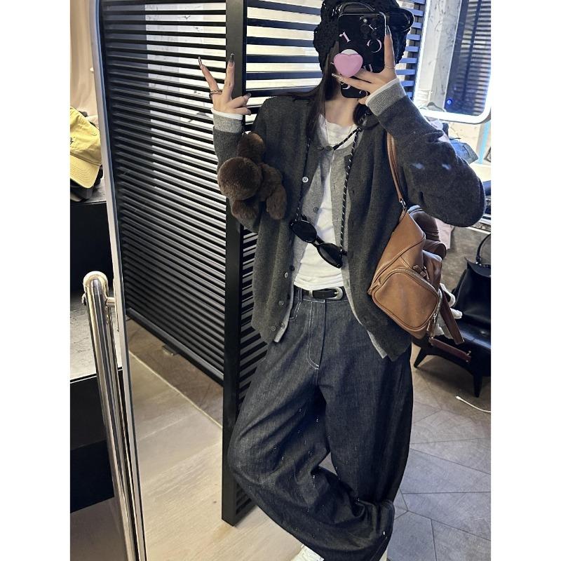 Layer Contrasting Color Splicing Fake Two-piece Top Cardigan Women's Autumn and Winter Soft Waxy Lazy Knitted Sweater Jacket