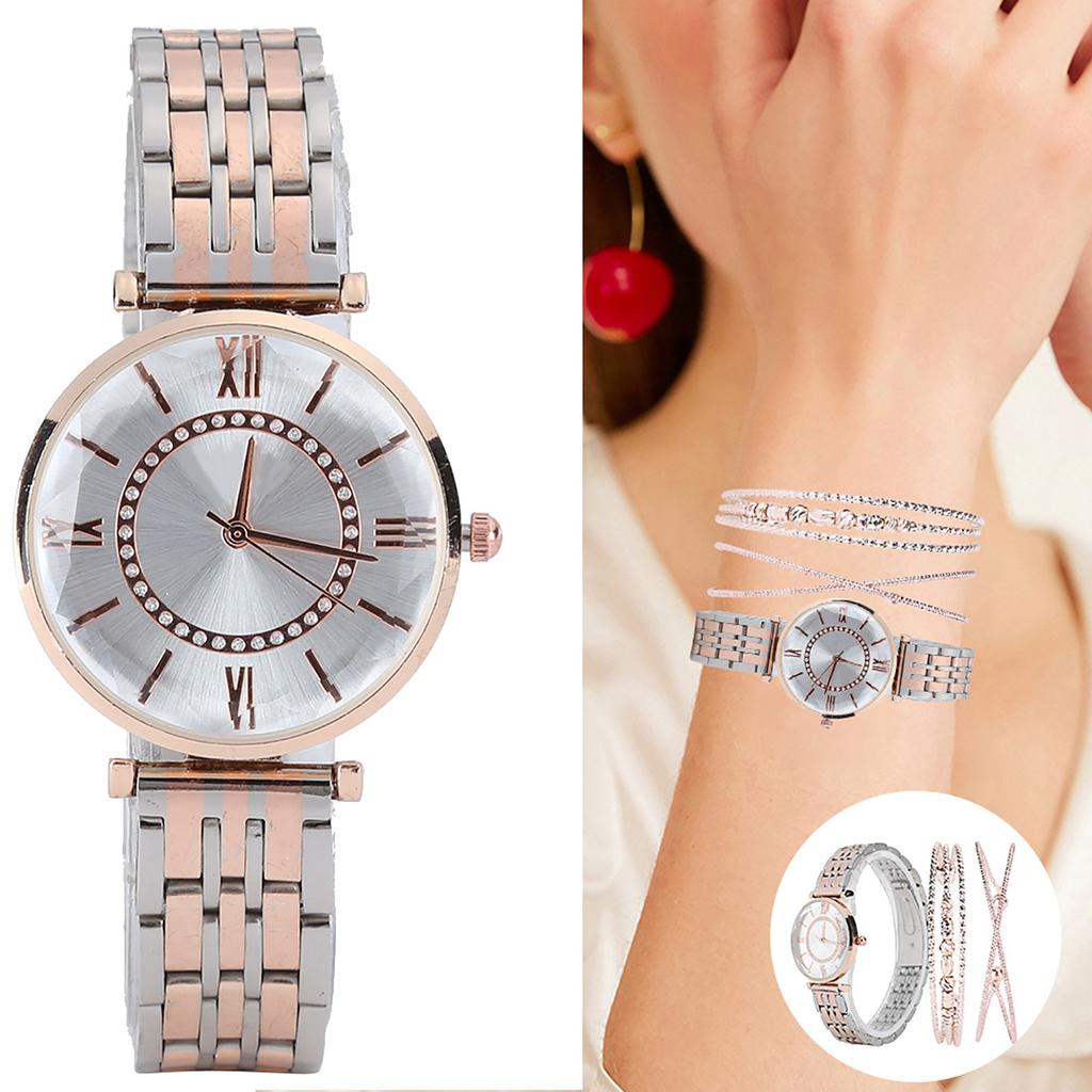 Women Watch Set Fashion Jewelry Gift Set Wrist Watch Bracelet for Party BirthdaySilver Pink White