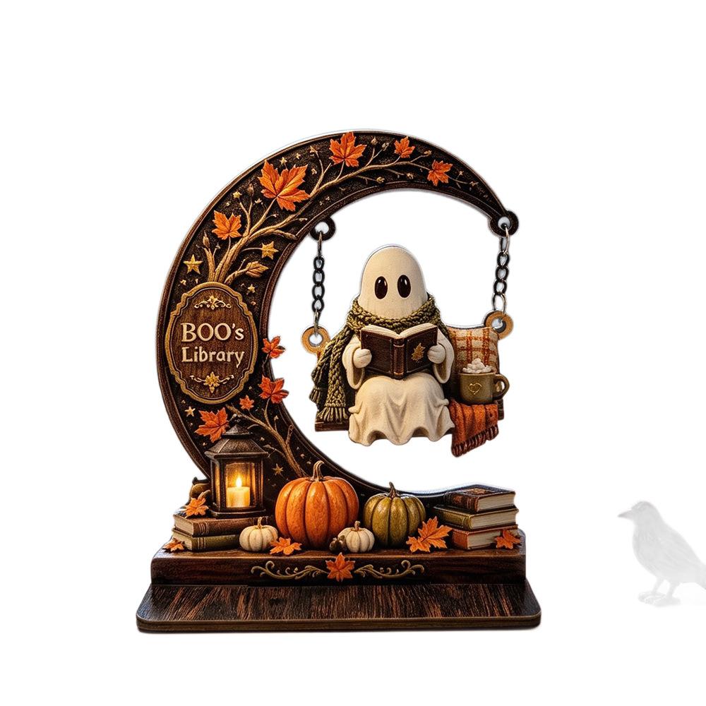 Halloween Moon Ghost Skull Swing Doll Reading Book Wooden Display Piece Bookcase Shelf Atmosphere Decoration