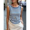 Women Striped Round Neck Drawstring Waist Slim Fit Sleeveless Tank Top Casual Commuter