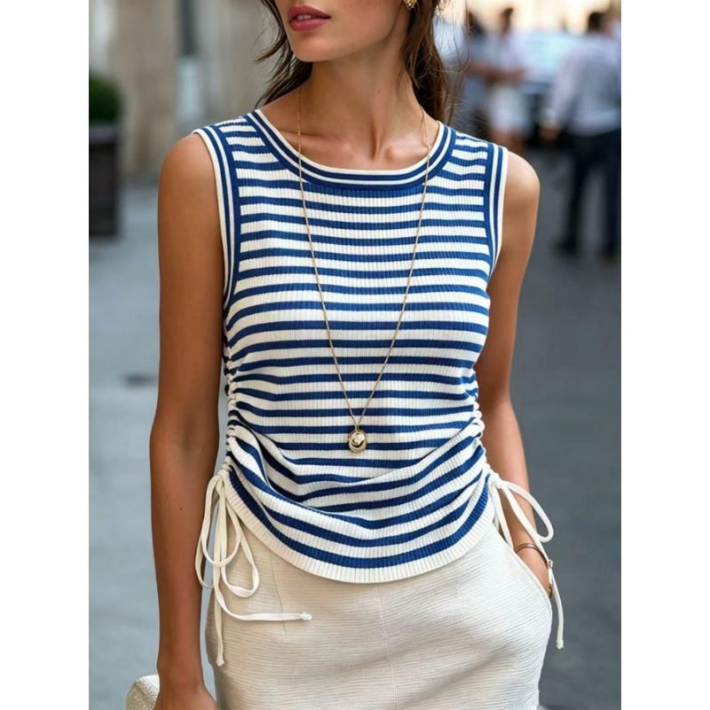 Women Striped Round Neck Drawstring Waist Slim Fit Sleeveless Tank Top Casual Commuter