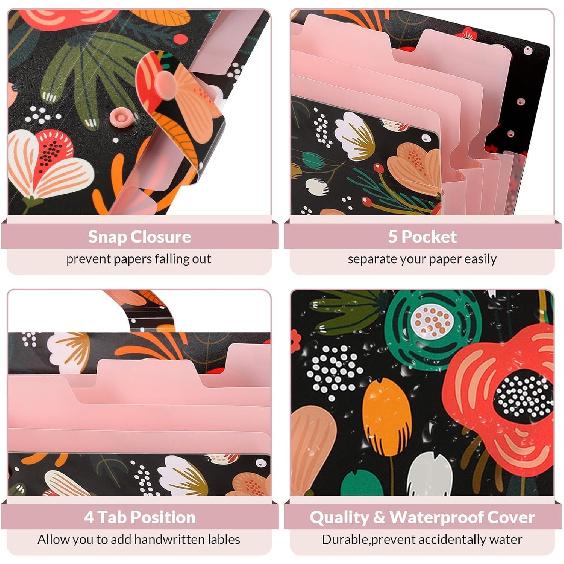 SKYDUE Expanding File Folder with 5 Pockets, Floral Accordion File Organizer for Important Document, Portable Receipt Paper Organizer, School Office