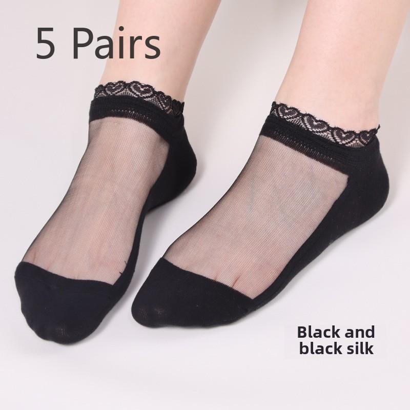 5 Pairs Spring/Summer Love Lace Socks Fashion Transparent Breathable Glass Silk Women's Socks Lovely Feng Shui Crystal Silk Lace Women's Socks