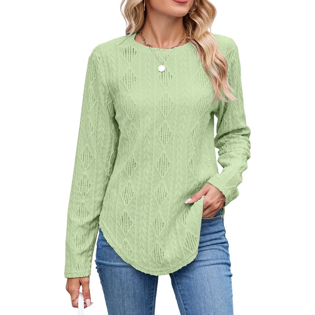European and American Autumn and Winter Casual Round Neck Long Sleeve Curved Hem T-shirt Button Hollow Top
