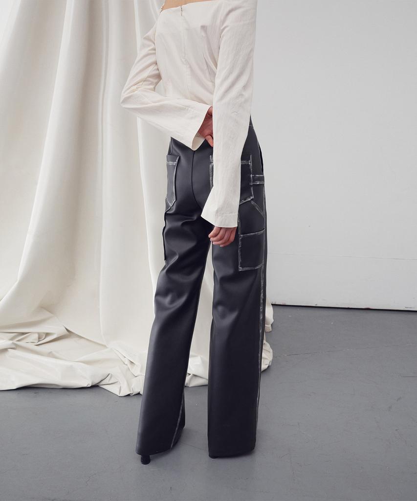 RE RHEE Faux Leather Washed Straight Pants
