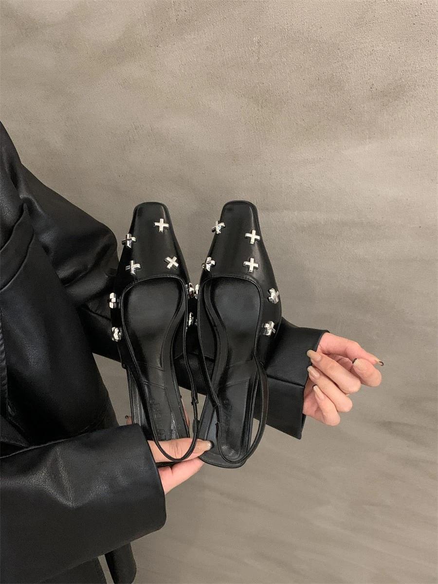 

Sandals for Women in Summer Fashion Pointed Tip Thin Heels Metal Decoration Sandalias De Mujer Banquet Party Zapatillas De Mujer 39 чёрный