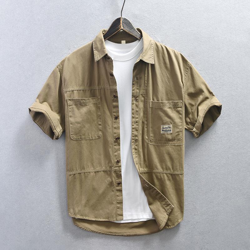 Summer Men Shirts Japanese Style Cargo Short Sleeve Shirt Male Pure Cotton Double Pockets Casual Shirt Youth Streetwear Loose Top