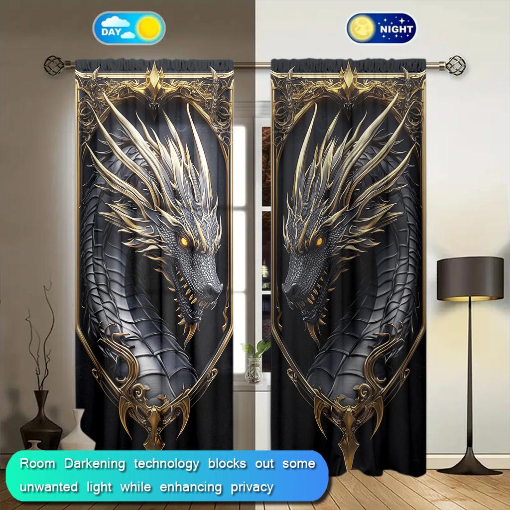 2pcs 3D Domineering Black Dragonn Printed Curtain for Home Decor - Rod Pocket Window Treatment for Bedroom   Office   Kitchen