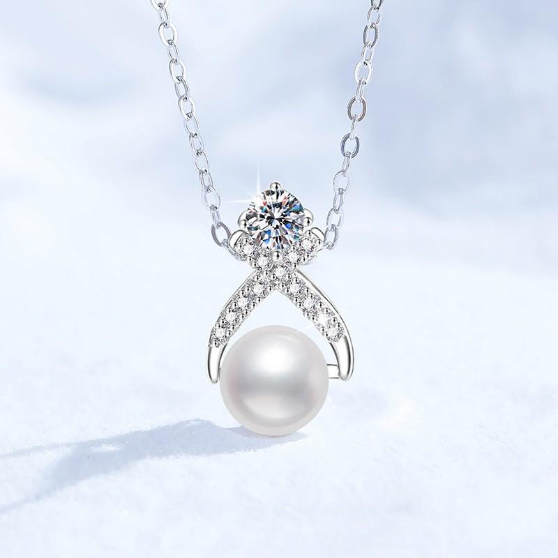 Sterling Moissanite Freshwater Pearl Pendant Necklace With Cross Chain Women 7-8mm 41-50cm Adjustable 925 Sterling Silver