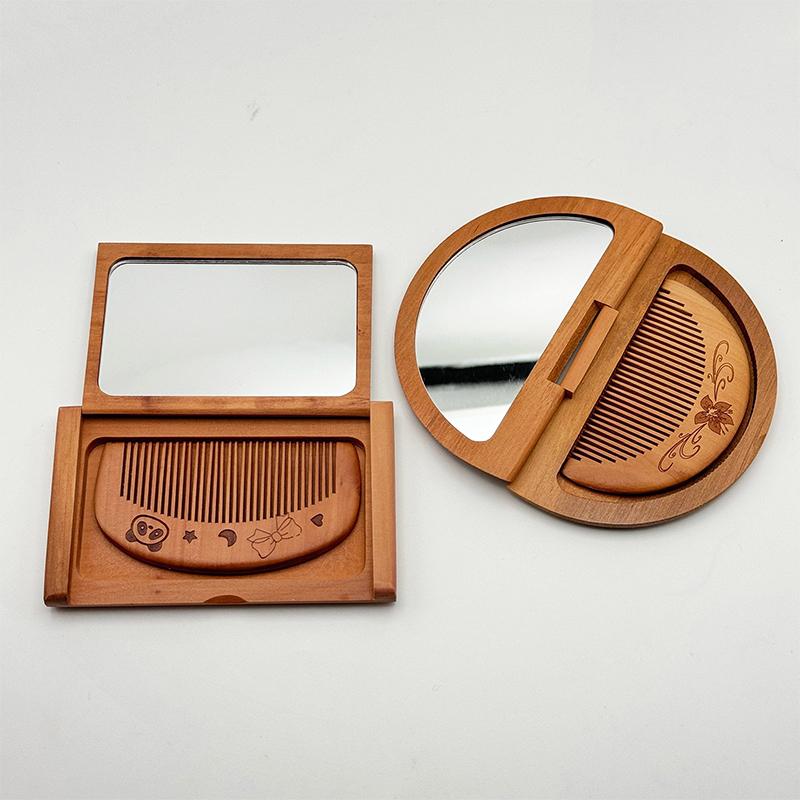 Holdbart 2-i-1 Trækam Spejl Sæt Mini Vintage Makeupspejl Ferskentræ Rektangulært Bærbart Foldespejl Til Pige Dame