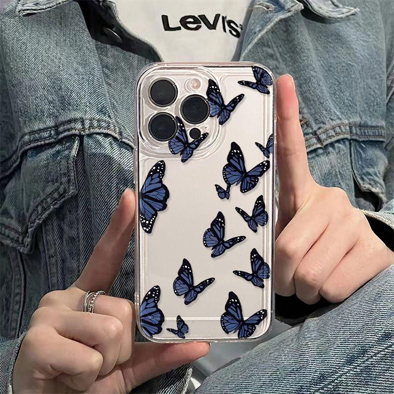 Dark Blue Butterfly for iPhone17promax Apple 16 Mobile Phone Case 14/13 Fine Hole 15 Transparent 12