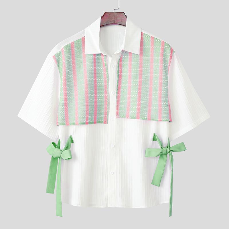 INCERUN Oversized Men Lapel Short Sleeve Crochet Patchwork Bow Casual Loose Shirts Tops