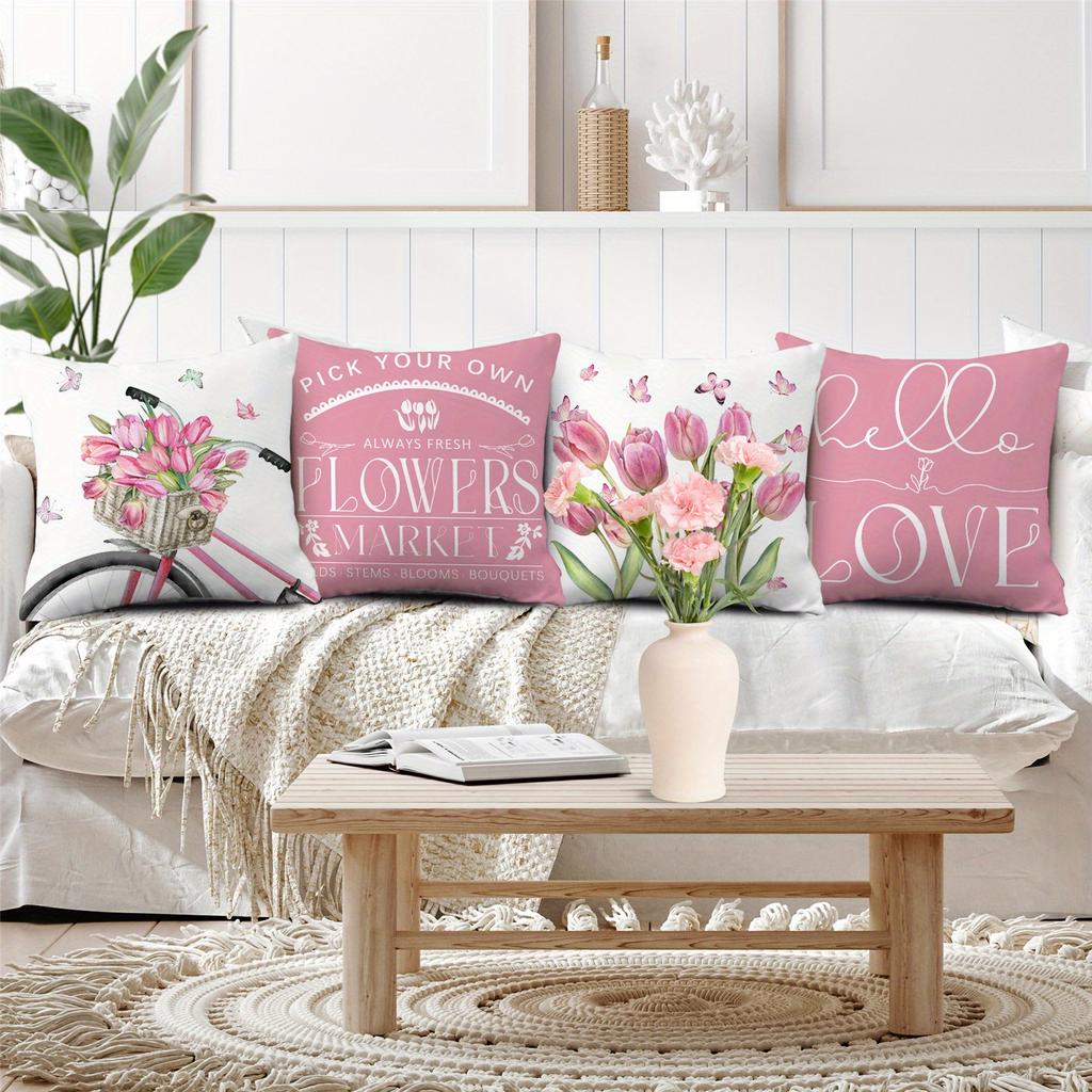 Set of 4 Pink Bicycle Tulip Spring Throw Pillow Covers, Suitable for Bedding And Sofas In The Bedroom