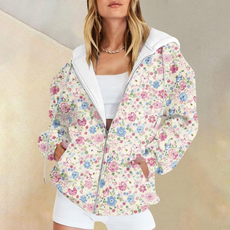 

Женская повседневная толстовка на молнии с цветочным принтом, куртка с длинным рукавом, спортивная одежда, кардиган, осенне-зимняя модная верхняя одежда с карманом S