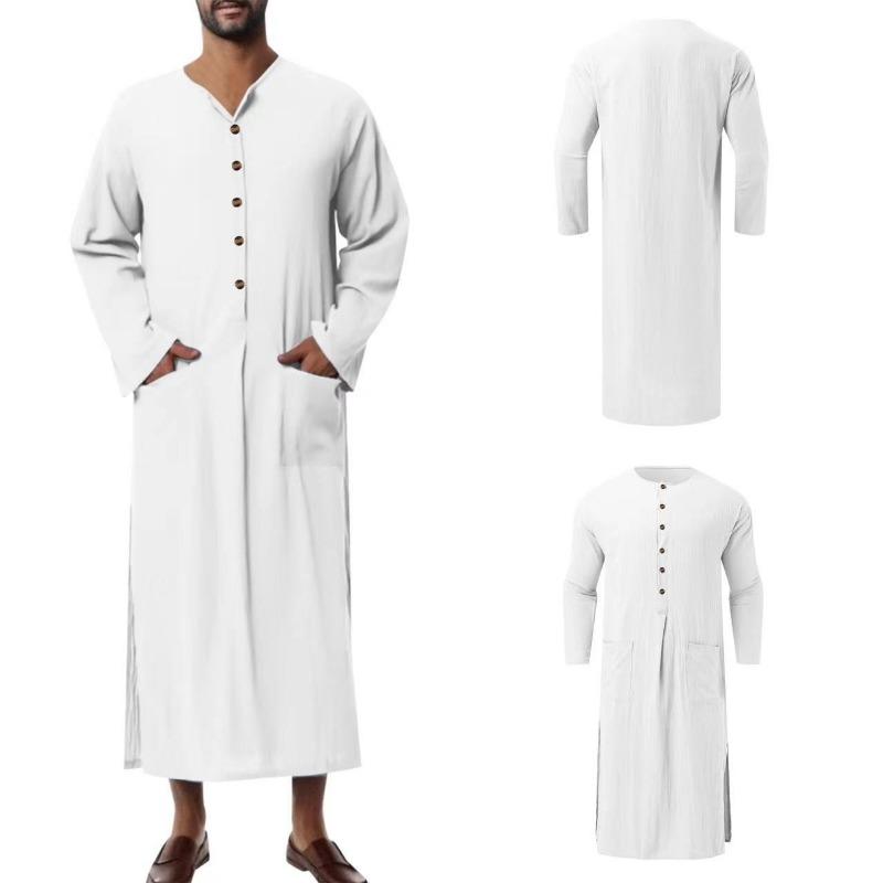 Men S Loose Long Sleeve Solid Color Ethnic Style Robe