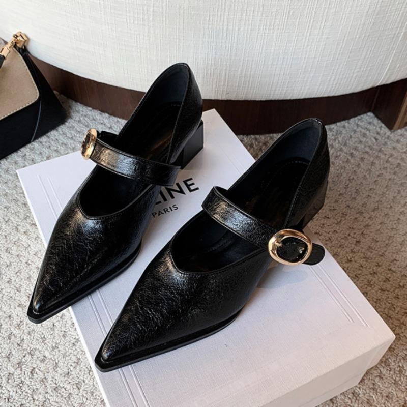 Fashion Spring New Mid-heel Shoes Women's Fashion Pointed Head Shallow Mouth with Metal Buckle Non-slip Wear-resistant Single Shoes