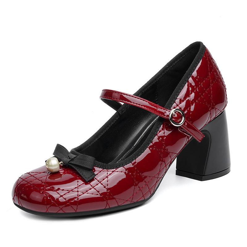 Red high heel light mouth single shoes women's summer bow princess high heels women's thick heel Mary Jane shoes women's spring