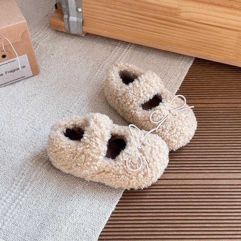

Korean-style girls bowknot furry shoes, sweet princess shoes for girls, winter soft-soled warm loafers for baby girls, cotton shoes 21 бежевый