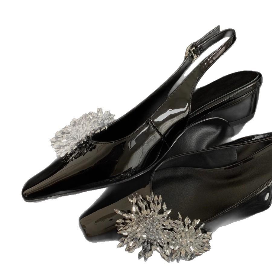 Sheepskin version~ French temperament metal flower thick heel bag head sandals women's rear air shallow mouth square head Mary Jane single shoes