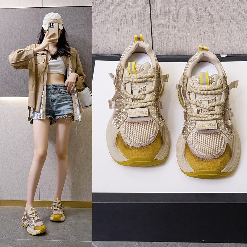 Leather dad shoes women's platform inner height increase splicing mesh sports shoes women's casual lace-up student shoes