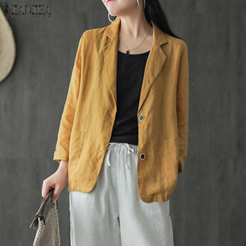 ZANZEA Koreanische Version des Sommers 3/4 Ärmel Knopf Baumwolle Leinen Anzug dünne Strickjacke Jacke Frauen Oberbekleidung