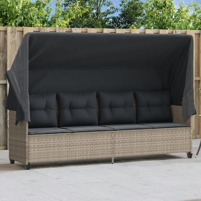 VidaXL Chaise Longue avec Auvent et Coussins, Siège de Patio, Bain de Soleil, Transat de Jardin Terrasse Arrière-cour, Gris 368340
