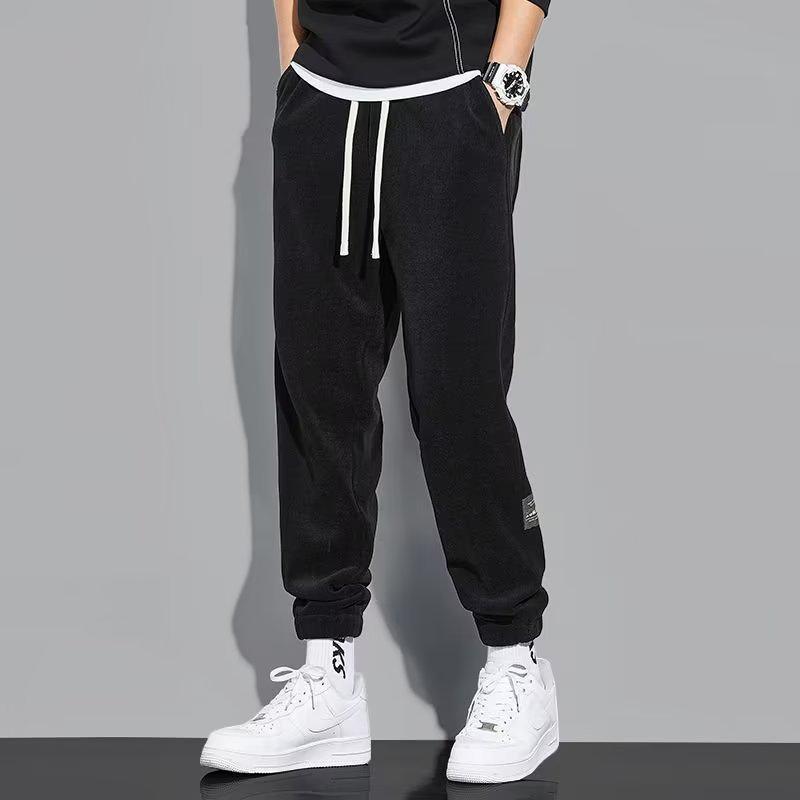 Men's Thickened Fleece-Lined Casual Pants, Drawstring Ankles, Loose Fit, Trendy Autumn/Winter 2023 Style.