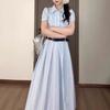 French Temperament Blue High-end Sense Super Good-looking and Thin Summer New Shirt Skirt