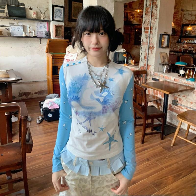 VAYLA Japanese Y2k Anime Print T-shirt Vintage 2000s Aesthetics Patchwork Top Fairycore Blue Long Sleeve T Shirt Lolita Kawaii