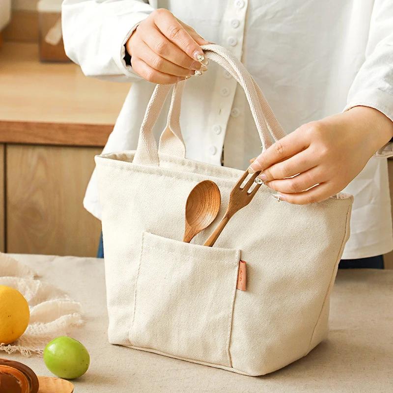 Versatile Canvas Insulated Lunch Bag with Zipper - Portable Storage Tote for Travel & Picnics, Easy-Clean Square Organizer Bag