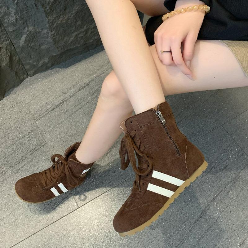 High-top Flat-bottomed Boxing Sneakers Women's New Round-head Versatile Casual Shoes Inner Height-increasing Martin Boots Short Boots
