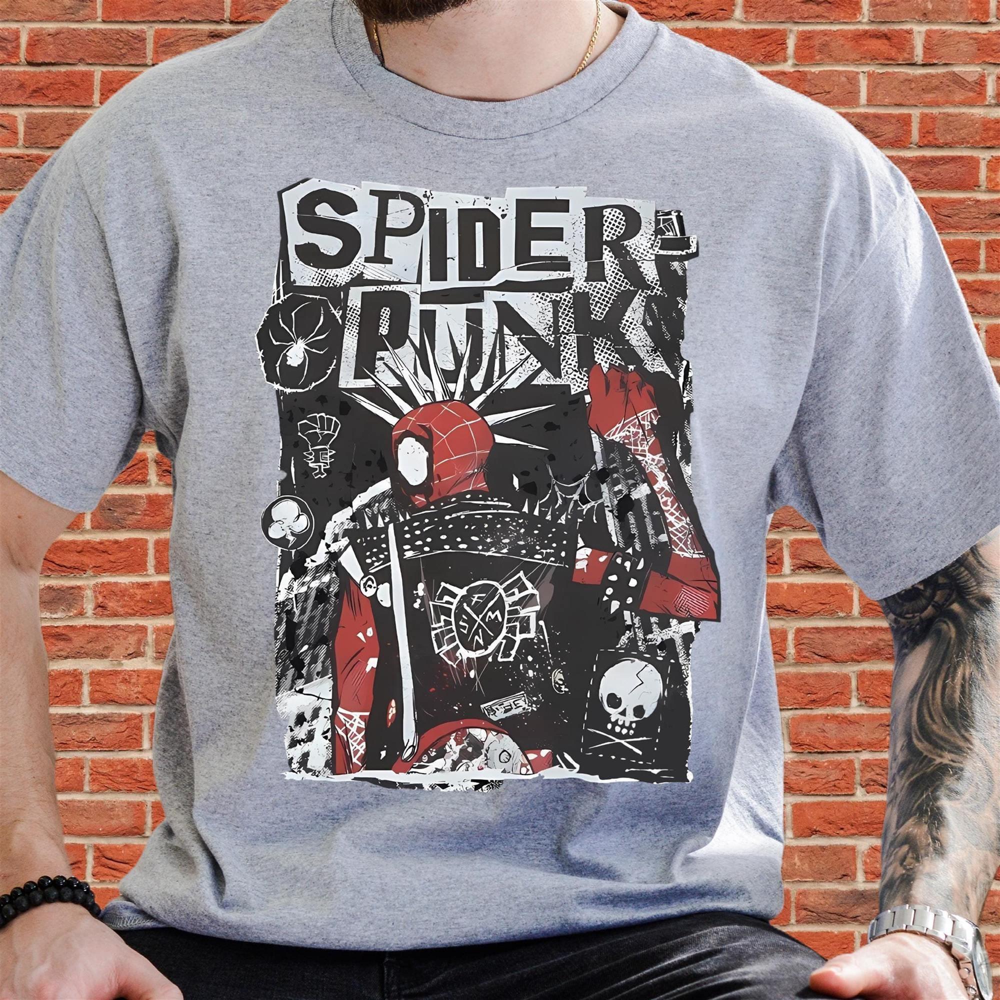 

SpiderPunk Hobart Brown Graphic TShirt Grey Vintage Distressed Tee Men Movie SpiderVerse Streetwear Aesthetic Punk Rock Tops XL