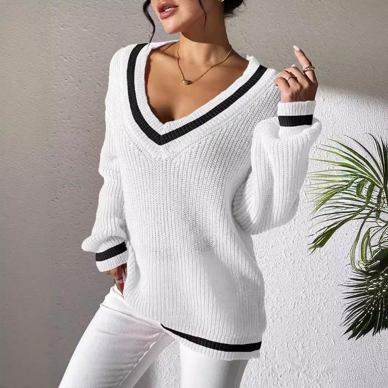 Damen S College-Stil Farbblock V-Ausschnitt Lockerer Freizeitpullover