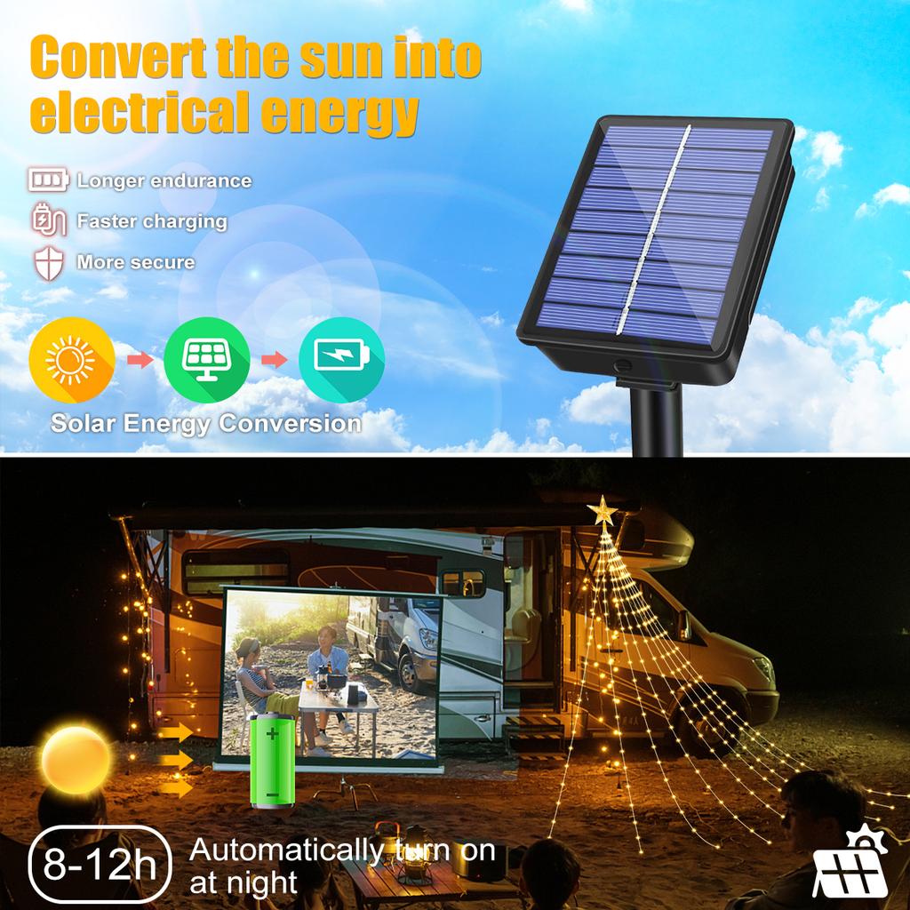 Christmas 3.5M 350LED Solar Decoration Star String Lights 8Mode Waterfall Christmas Tree Fairy Light for Outdoor Wedding Holiday